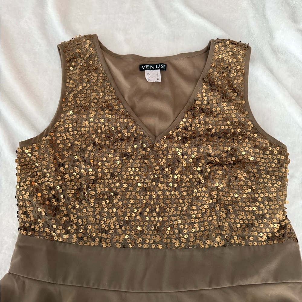 Venus Gold Sequins Chiffon Asymmetrical High Low Hem Lined Dress 2 - Picture 5 of 8